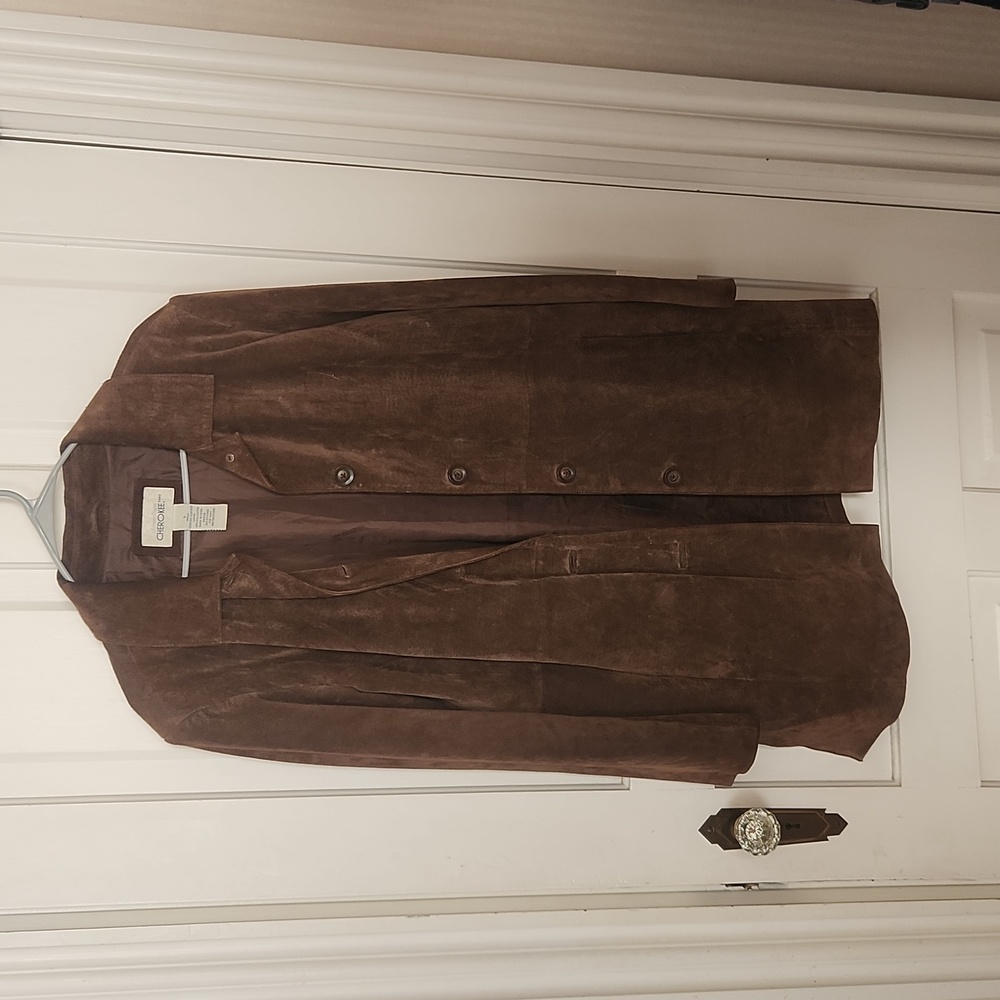 Genuine leather suede trench coat, Chocolate brown, size large